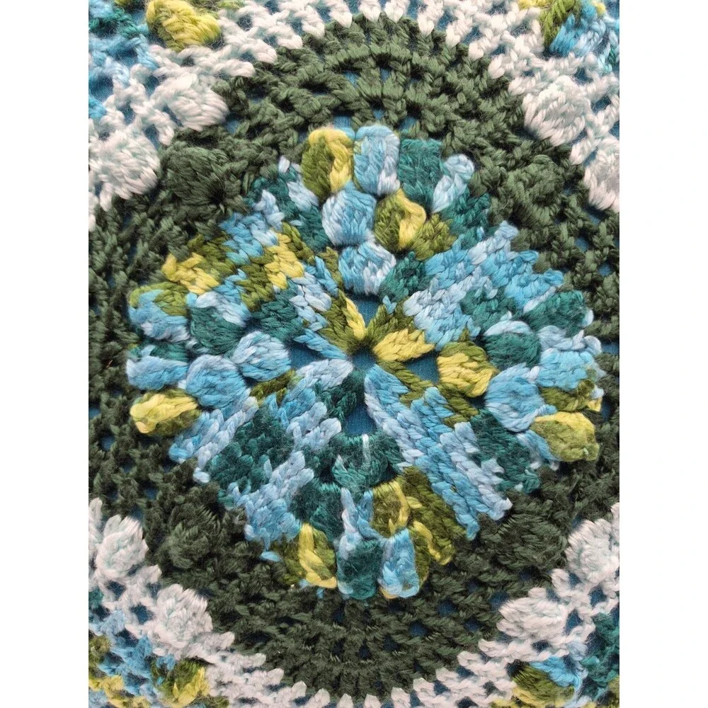 Crochet Granny Square Floral Boho Mandala Pillow Teal Green Yellow 16